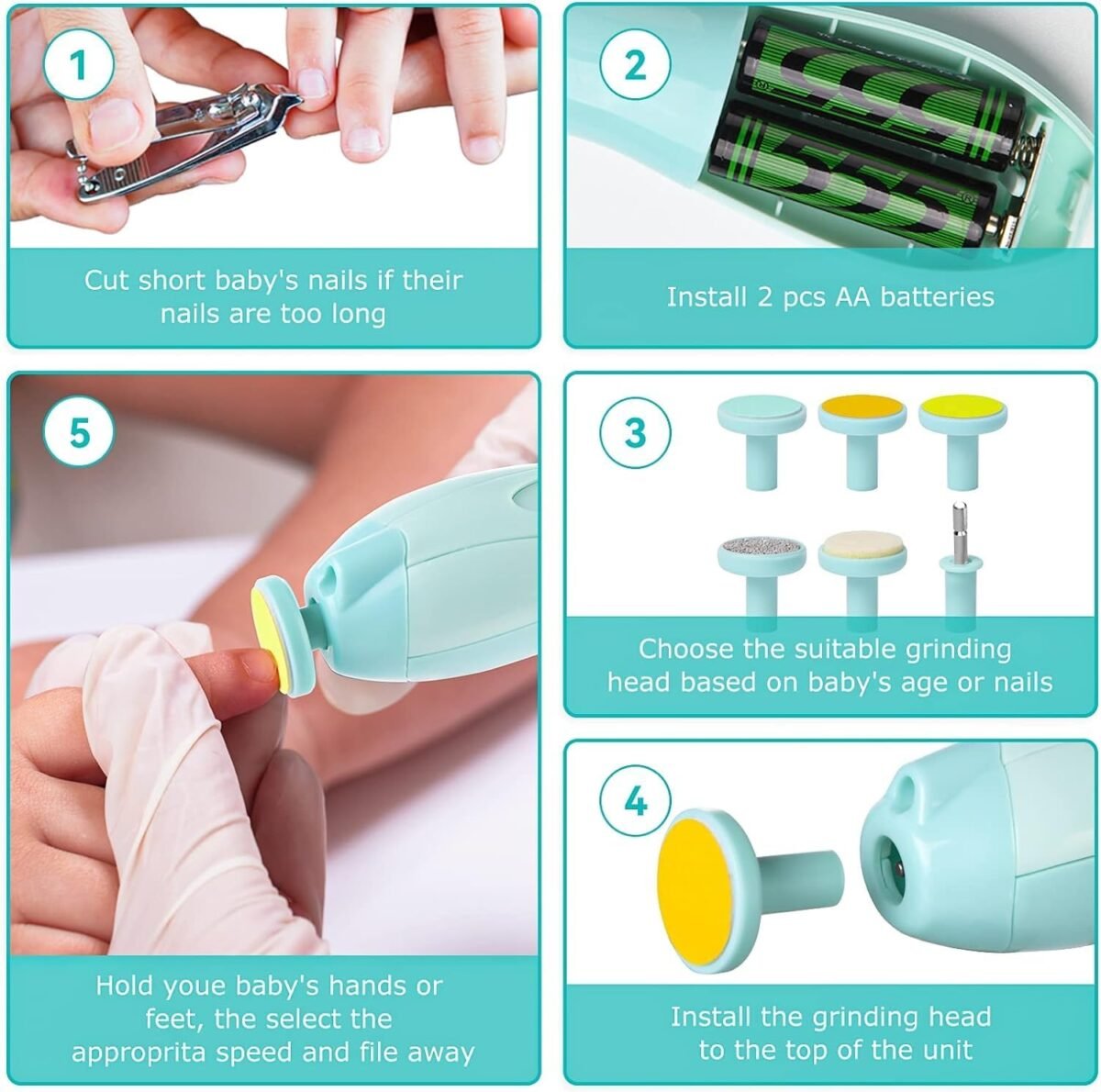 Buy Finalize Baby Nail Trimmer Electric, Safe Baby Nail File, Baby Nail Clippers with Light and 6 Grinding Pads for Newborn Infant Toddler/Adults Toes and Fingernails, Kids Nail Care Polish &Trim- (Blue) Online at Low Prices in India - Amazon.in - Image 5