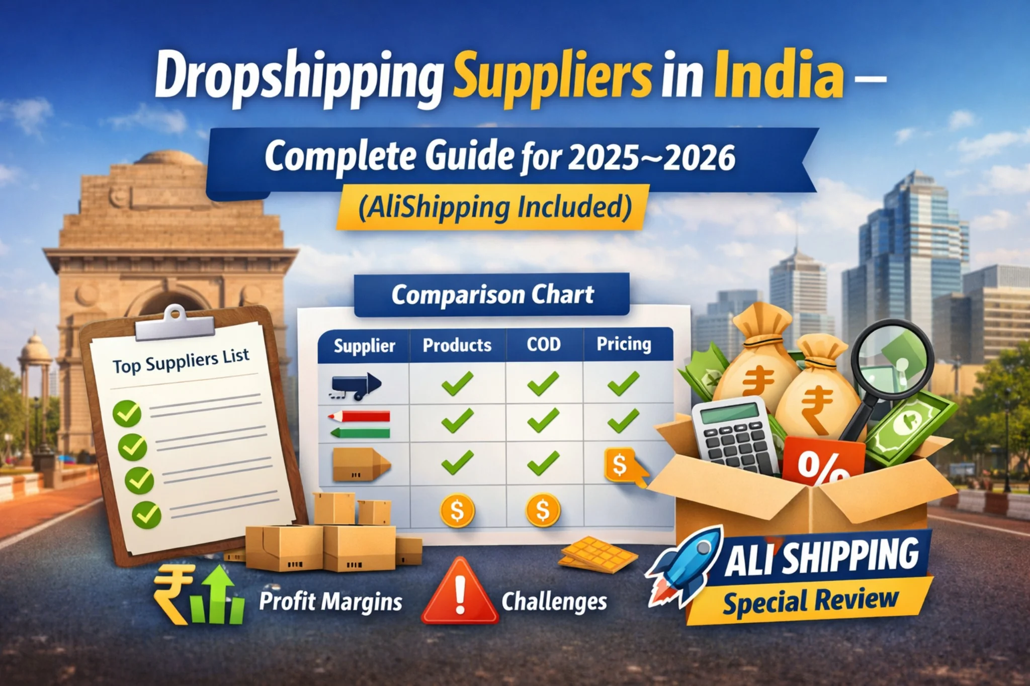 Best dropshipping suppliers in India 2025–2026 with AliShipping review, comparison table, profit margins and challenges infographic