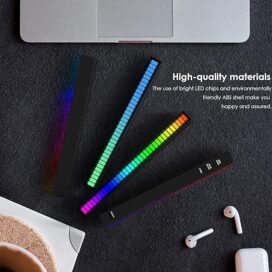 Close-up of RGB sound reactive LED rhythm light bar with beat synchronized lighting effect Agar 3rd image me koi specific feature highlight ho raha hai (size dimensions, USB port, control buttons, multiple color modes), to bata dena — main aur precise content bana dunga.